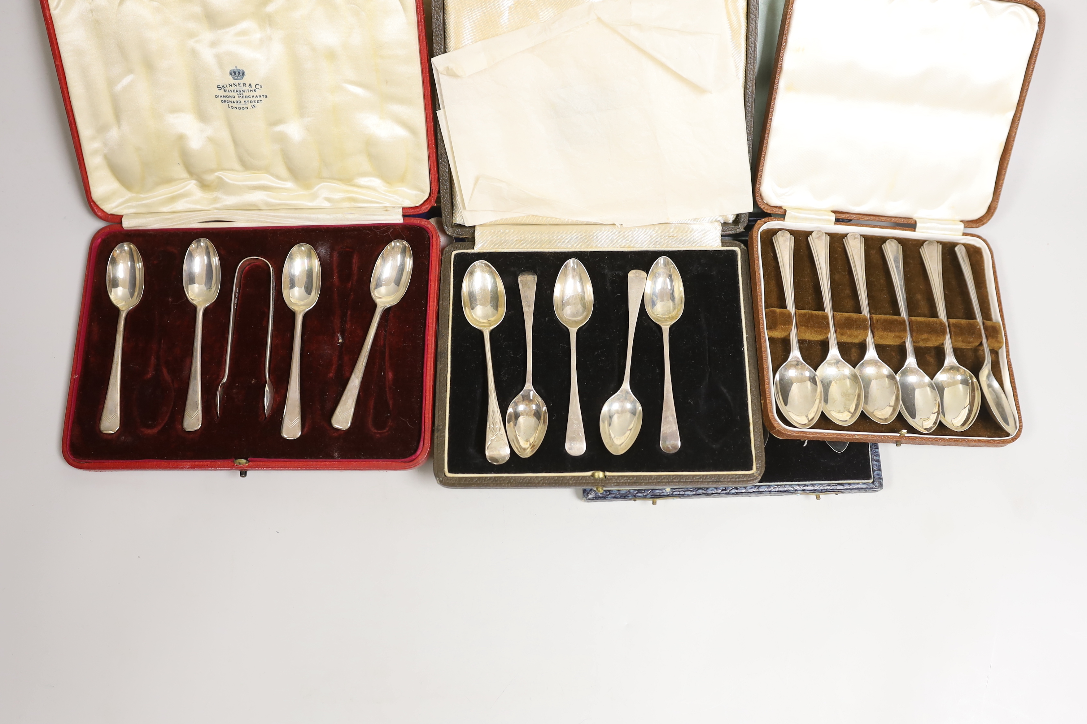 Seven various cased part sets of silver cutlery to include teaspoons etc., together with a cased set of six sterling silver faux bamboo coffee spoons with semi-precious stone tablet inset terminals.